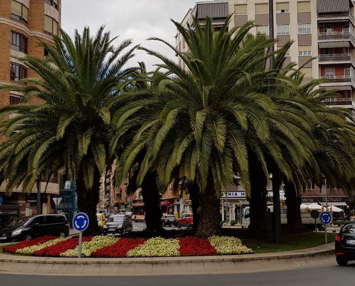 Rotonda en la confluencia de Murrieta con Gran Vía decorada con flores blancas y rojas · V.Ducrós (GENTE)